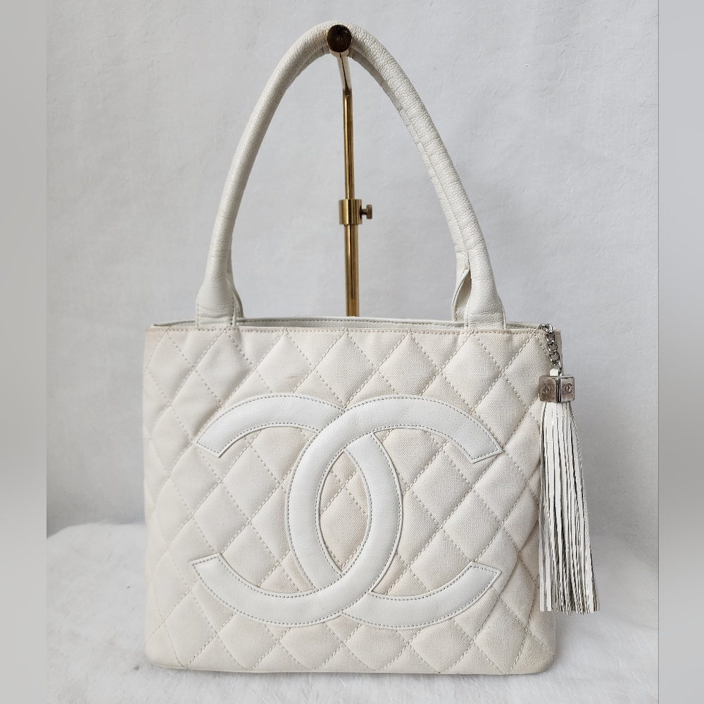 Auth Chanel CC Caviar Quilted Tassel Canvas Totes Bag - Picture 2 of 11
